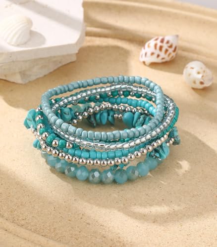 Noessla Boho Beaded Bracelets for Women Stackable Irregular Natural Stone Bead Stretch Bracelet Set 8PCS Costume Jewelry Gifts for Her - color: Turquoise