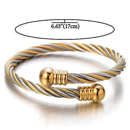 COOLSTEELANDBEYOND Elastic Adjustable Steel Twisted Cable Cuff Bangle Bracelet for Mens for Women - color: A-Metal Color: Silver & Gold-01