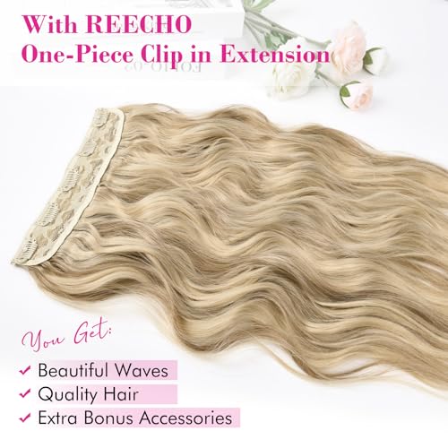 REECHO Clip in Hair Extensions, 20” One Piece Hair Extension Clip in Wefts Long Thick Beach Wavy Natural Soft Synthetic Hairpieces for Women, Dark Ash Blonde - color: Dark Ash Blonde - Wavy, size: 20 Inch (Pack of 1)