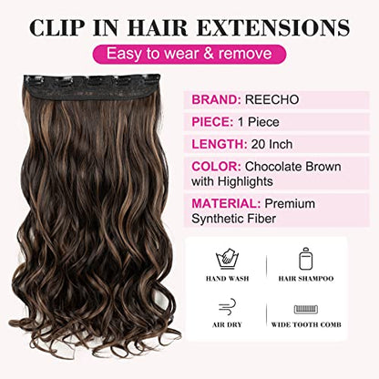 REECHO 20" 1-pack 3/4 Full Head Curly Wave Clips in on Synthetic Hair Extensions HE008 Hair pieces for Women 5 Clips 4.5 Oz Per Piece - Chocolate Brown with Highlights - color: Chocolate Brown with Highlights, size: 20 Inch (Pack of 1)