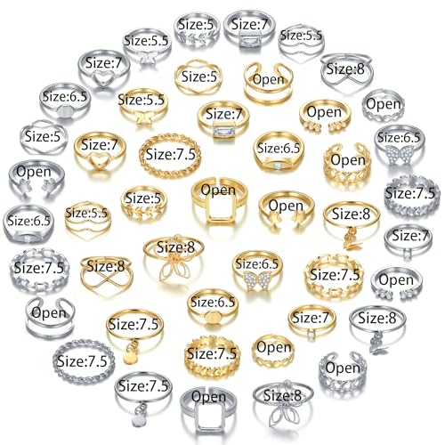 Golden Silvery Knuckle Rings Set for Women, Stackable Rings Bohemian Crystal Hollow Carved Flowers Joint Finger Rings Pack Fashion Jewelry Gifts for Birthday - color: 46 PCS