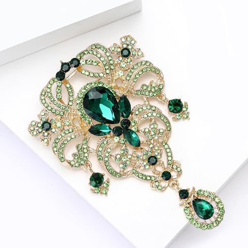 YOQUCOL Retro Austrian Crystal Big Brooch Pin for Women Large Flower Shape Brooches Lapel Pins for Sweater,Coat Dress Accessories - color: A-Green