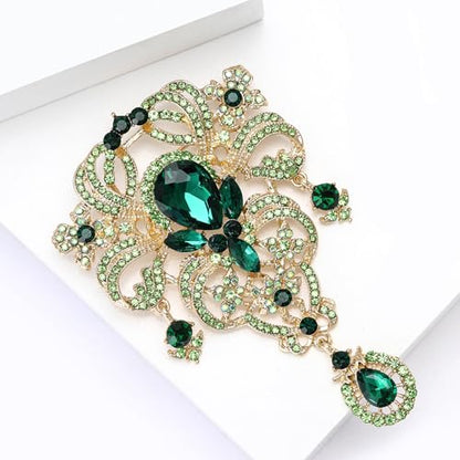 YOQUCOL Retro Austrian Crystal Big Brooch Pin for Women Large Flower Shape Brooches Lapel Pins for Sweater,Coat Dress Accessories - color: A-Green