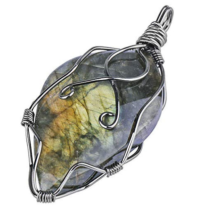 TUMBEELLUWA Handmade Copper Wire Wrapped Labradorite Necklace for Women Men | Irregular Shape, Third Eye Chakra, Enhances Intuition & Spiritual Awareness, 19.86" Stainless Steel Chain, Daily Wear - style: #1 Style 2