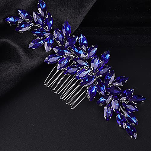 Teyglen Women Dainty Simple Blue Rhinestones Bridal Hair Comb Luxurious Shiny Hair Accessory for Bride and Girls - color: Blue