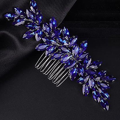 Teyglen Women Dainty Simple Blue Rhinestones Bridal Hair Comb Luxurious Shiny Hair Accessory for Bride and Girls - color: Blue