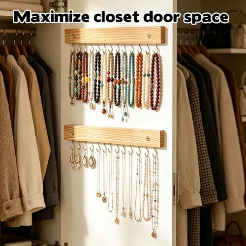 Rainmae 3 PCS Necklace Holder Jewelry Organizer Hanger with 39 Hooks Wooden Wall Mounted Jewelry Storage Holder for Necklaces Earrings and Bracelets Decorative Display Rack for Closet Bedroom