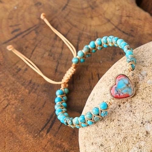 Women Boho Wrap Bracelet,Handmade Natural Stone Crystal Emperor Beads Heart Bracelet, Fashion Bohemian Jewelry Gift for Women - color: Blue #2