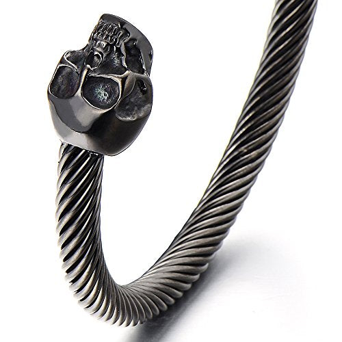 COOLSTEELANDBEYOND Elastic Adjustable Unique Mens Skull Cuff Bangle Steel Twisted Cable Bracelet Polished - color: A-Metal Color: Black