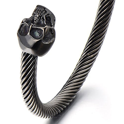 COOLSTEELANDBEYOND Elastic Adjustable Unique Mens Skull Cuff Bangle Steel Twisted Cable Bracelet Polished - color: A-Metal Color: Black