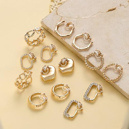 12 Pairs Clip on Hoop Earrings for Women 14K Gold Plated Chunky Clip on Earrings CZ Tube Twist Croissant Bamboo Round Geometric No Piercing Ear Clips Set Trendy Fake Earrings Jewelry - color: Gold