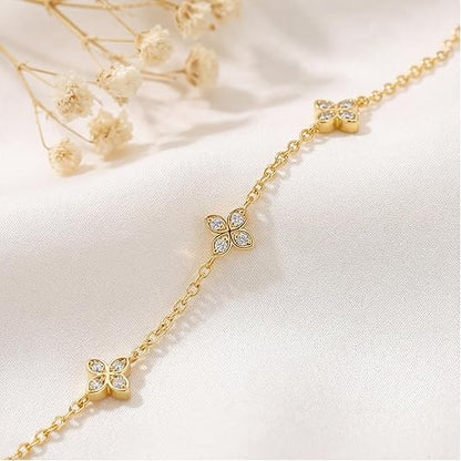 14K Gold Flower Ankle Bracelets for Women with Cubic Zirconia Four-Leaf