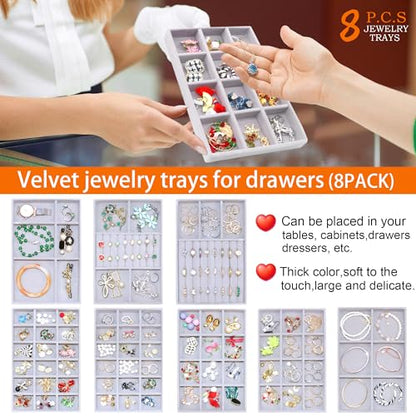 Set of 8 Stackable Jewelry Organizer X-Large Velvet Jewellry Trays Jewelryy Drawer Inserts, Earring Ring Brooch Necklace Bracelet Watch Display Plate with Removable Dividers - color: GREY, size: X-Large