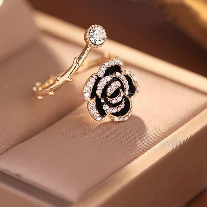 Flower Open Statement Rings for Women, Exquisite Cubic Zirconia Sterling Silver Stacking Ring Adjustable Open Ring,Fashion Jewelry Gifts,Suitable For Women Daily and Wedding Wear, Gifts For Your Wife - color: Black