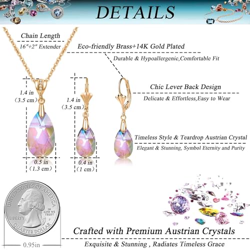 Austrian Crystals Teardrop Pendant Necklace Earrings for Women 14K Gold Plated Hypoallergenic Leverback Drop Dangle Earrings Jewelry Set - color: Rainbow