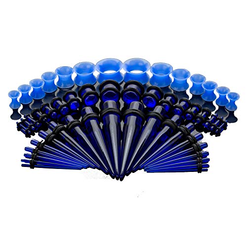 50-Piece Ear Gauges Stretching Kit, 14G-00G | Acrylic tapers and plugs with soft silicone tunnels, body piercing jewelry for women and men - color: Blue