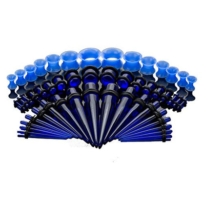 50-Piece Ear Gauges Stretching Kit, 14G-00G | Acrylic tapers and plugs with soft silicone tunnels, body piercing jewelry for women and men - color: Blue