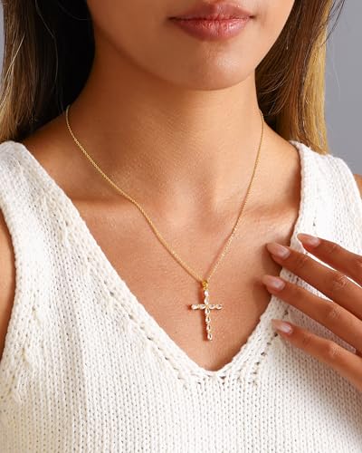 Cross Necklace for Women, 14K Gold Plated Cubic Zirconia Cross Pendant Necklace, Trendy Christian Jewelry Gifts for Baptism First Communion Christmas - color: Style I - Gold
