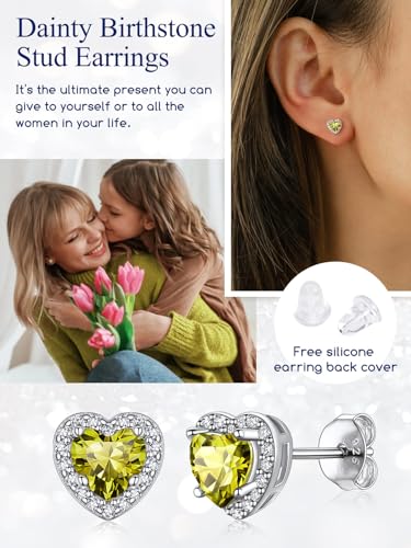 Suplight 925 Sterling Silver Birthstone Stud Earrings for Women, Round/Heart/Teardrop/Square Crystal Diamond Earrings for Women, Dainty Birthday Gifts Jewelry - color: style b-08. heart-August(Created Peridot)