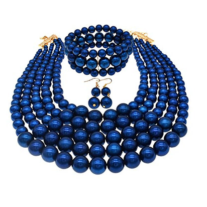 JNF Large Faux Pearl Necklaces for Women Multi strand Pearl Necklace Bracelet and Earrings Set 1920s Costume Pearls Necklace Jewelry Accessories - color: Royal blue pearl necklace