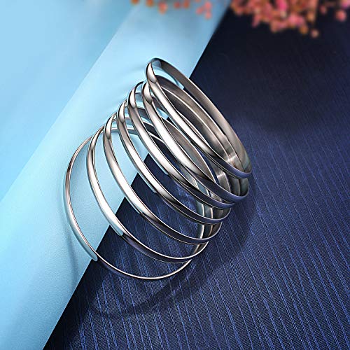 Castillna Stainless Steel Extra Extra Large (XXL) Plus Size Bangle Bracelets Set for Women, Set of 7 Pieces, 9.6 Inches - color: Silver