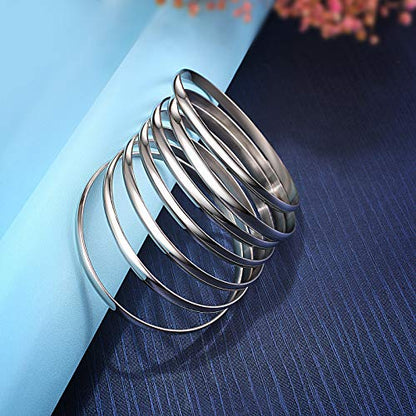 Castillna Stainless Steel Extra Extra Large (XXL) Plus Size Bangle Bracelets Set for Women, Set of 7 Pieces, 9.6 Inches - color: Silver