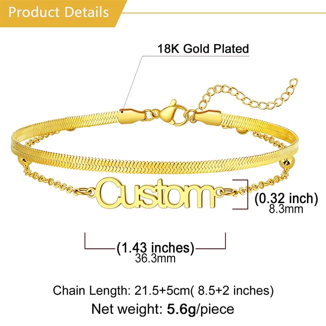 U7 Custom Layered Ankle Bracelets for Women Stainless Steel Bead/Cuban/Figaro/Rope/Wheat Chain Anklet Waterproof Anklet Jewelry for Beach Vacation - color: a-Gold Plated-Herringbone Chain
