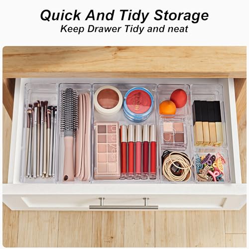 SMARTAKE 25 PCS Drawer Organizer, 4-Size Desk Drawer Organizer Trays | Storage Tray with Non-Slip Silicone Pads for Makeup, Jewelries, Utensils in Bedroom Dresser, Office and Kitchen (Clear) - style: 25 PCS