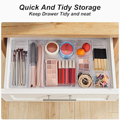 SMARTAKE 25 PCS Drawer Organizer, 4-Size Desk Drawer Organizer Trays | Storage Tray with Non-Slip Silicone Pads for Makeup, Jewelries, Utensils in Bedroom Dresser, Office and Kitchen (Clear) - style: 25 PCS