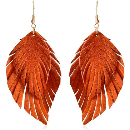 Handmade Bohemian Large Soft Genuine Leather Fringe Double Feather Dangle Drop Earrings Lightweight Simple Color PU Leaf Hook Earrings for Women - color: Orange