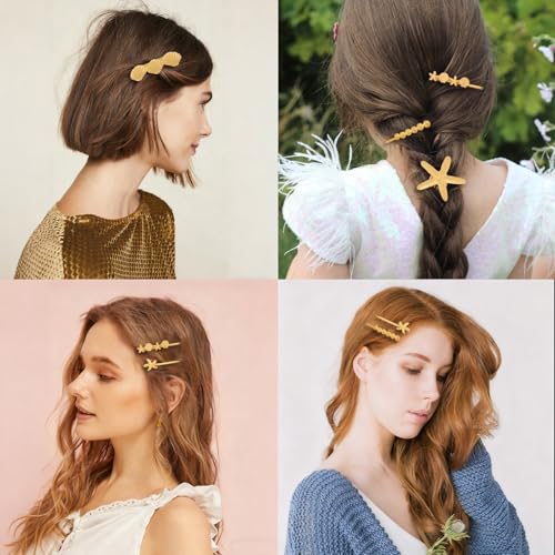 Wecoe Gold Starfish & Seashell Metal Hair Clips Side Comb Set Fancy Decorative Bobby Pins – Beach Wedding Hair Accessories for Women