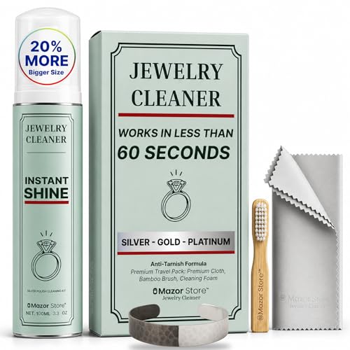 Silver Jewelry Cleaner, Instant Shine, 4-in-1 Gold, Platinum Jewelry Cleaner Solution, Brush, Large Polishing Cloth & Luxury Travel Box – Eco-Friendly, Tarnish Remover & Jewelry Cleaner Kit