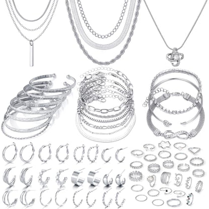 IFKM 36 PCS Silver Plated Jewelry Set with 3 PCS Necklace, 12 PCS Bracelet, 7 PCS Ear Cuffs Earring, 14 Pcs Knuckle Rings for Women Valentine Anniversary Birthday Friendship Gift - color: Trendy Silver Set