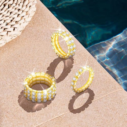 Kucheed 3PCS Rhinestone Stretch Ring, Fashion Crystal Stackable Finger Rings Set, Cute Toe Ring Body Jewelry, Silver Diamond Elastic Band Ring Accessories, Sparkly Thumb Pinky Ring for Women - color: Gold