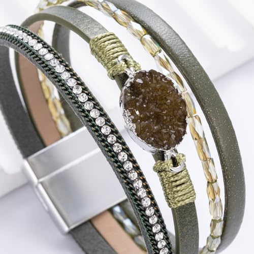 Boho Chunky Leather Wrap Bracelets Stackable Beaded Western Country Jewelry | Crystal Bead Trendy Layered Cuff Magnetic Clasp Stack Bohemian Statement Costume Outfits Cowgirl Fashion Hippie Accessories - color: Green, size: 7.7"