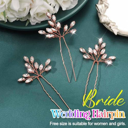 Heread Crystal Bride Wedding Hair Pins Rhinstones Bridal Hair Accessories Head Piece for Women and Girls (Pack of 3) - color: B Rose Gold