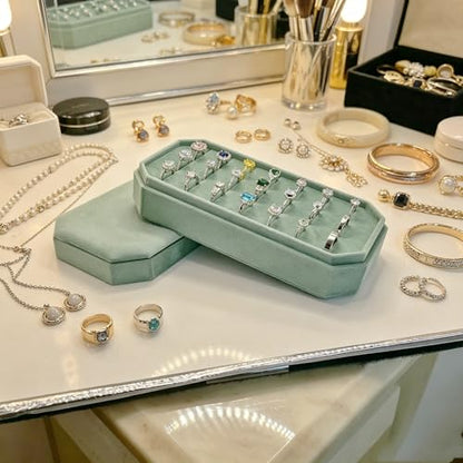 Velvet Ring Organizer Box - Ring Jewelry Box for Rings Earring, Jewelry Tray Rings holder Display Case for Girl Women (8.07"x4.13"x2.16") -PRB024-Mint Green - color: Mint Green