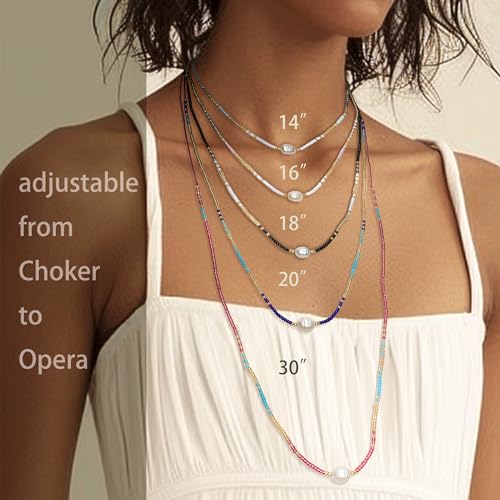Boho Pearl Beaded Choker Necklaces for Women, Dainty Handmade Colorful Seed Beads Adjustable Long Necklace Summer Beach Surfer Bohemian Jewelry Gift