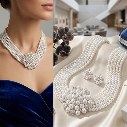 Classic Faux Pearl Jewelry Set for Women, 1950s Inspired Strand Necklace with Earrings, Elegant Gift for Mother's Day & Wedding - color: Clips Earring and Necklace