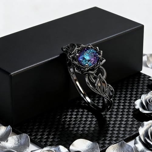 Cubic Zirconia Rings For Women, Gothic Ring Black Flower Crystal Stackable Trendy Floral Eternity Travel Engagement Statement Wedding Birthday Jewelry Gift - color: Goth Black Colorful