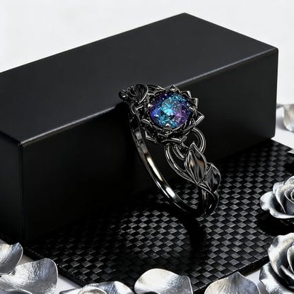 Cubic Zirconia Rings For Women, Gothic Ring Black Flower Crystal Stackable Trendy Floral Eternity Travel Engagement Statement Wedding Birthday Jewelry Gift - color: Goth Black Colorful