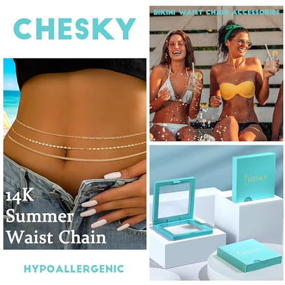 CHESKY 14K Gold Plated Waist Chain for Women, Layered Waist Beads | Silver Plated Gold Body Chains, Beach Summer, Waterproof Snake Belly Belt Chain, Festival Jewelry Accessories for Women - style: 3layer-gd