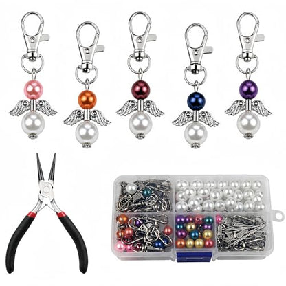 Metacipher 180Pcs DIY Angel Keychain Making Kit with Beads and Pliers ﻿ | Angel Wing Spacers,Pearl Beads,Lobster Clasps,DIY Bag Charm, Jewelry Making Supplies,Party Favor,Crafts for Women - color: White Pearl