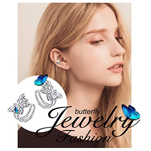 Birthday Gifts 925 Sterling Silver Ear Cuff Non Pierced Fake Cartilage Cuffs Huggie Earrings for Women Girls - Set of 2 - style: Butterfly