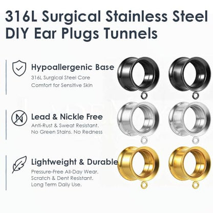 LADEMAYH 3 Pairs DIY Ear Tunnels, Surgical Steel Dangle Gauges Accessory | Free Jump Rings, Threaded Double Flared Plugs, 316L Stainless Steel, Hypoallergenic, DIY Custom Hanging Charms, 2g-1" - color: #6009 Mixed, size: 2g(6mm)