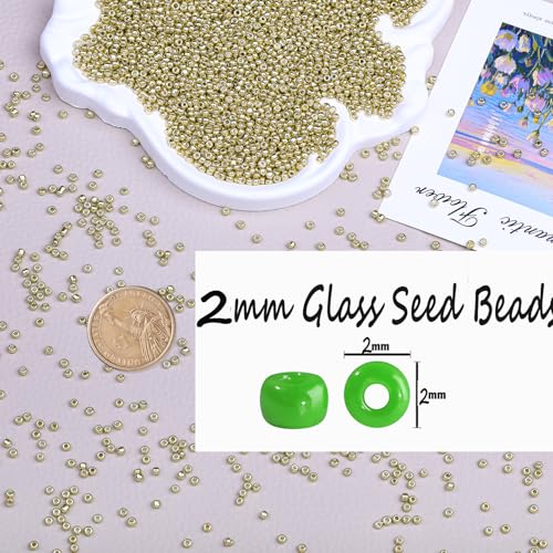2mm Glass Seed Beads Bulk, Bright Gold 12/0 Tiny Round Seed Bead, Small Mini Pony Craft Beads for Bracelet Necklace Wrist Jewelry Making Beading Weaving DIY Crafts Supplies - color: Bright Gold