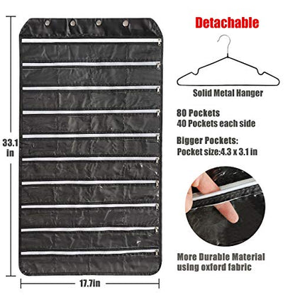BB Brotrade Hanging Jewelry Organizer with Oxford Double Side 80 Zippered Storage Pocket (black) - color: Black-1