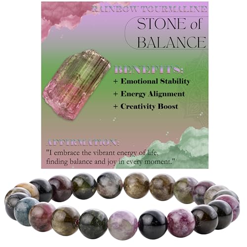 Bivei 8mm Beaded Bracelets for Women Handmade Semi Precious Natural Stone Stretch Elastic Jewelry Yoga Protection Gifts - color: Rainbow Tournaline - Balance, size: Medium 6.8-7.3 inch