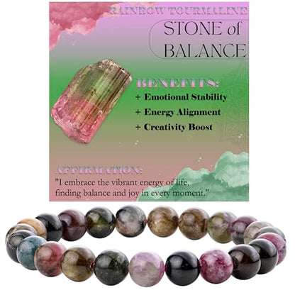 Bivei 8mm Beaded Bracelets for Women Handmade Semi Precious Natural Stone Stretch Elastic Jewelry Yoga Protection Gifts - color: Rainbow Tournaline - Balance, size: Medium 6.8-7.3 inch