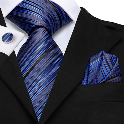 Hi-Tie Men 63inches Tie Set Extra Long Necktie Paisley Tie Pocket Suqare Cufflinks Big and Tall Men Tie - color: Blue Black